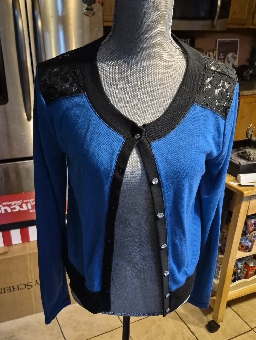 princess vera wang Blue and Black Lace-Shoulder Cardigan Sweater